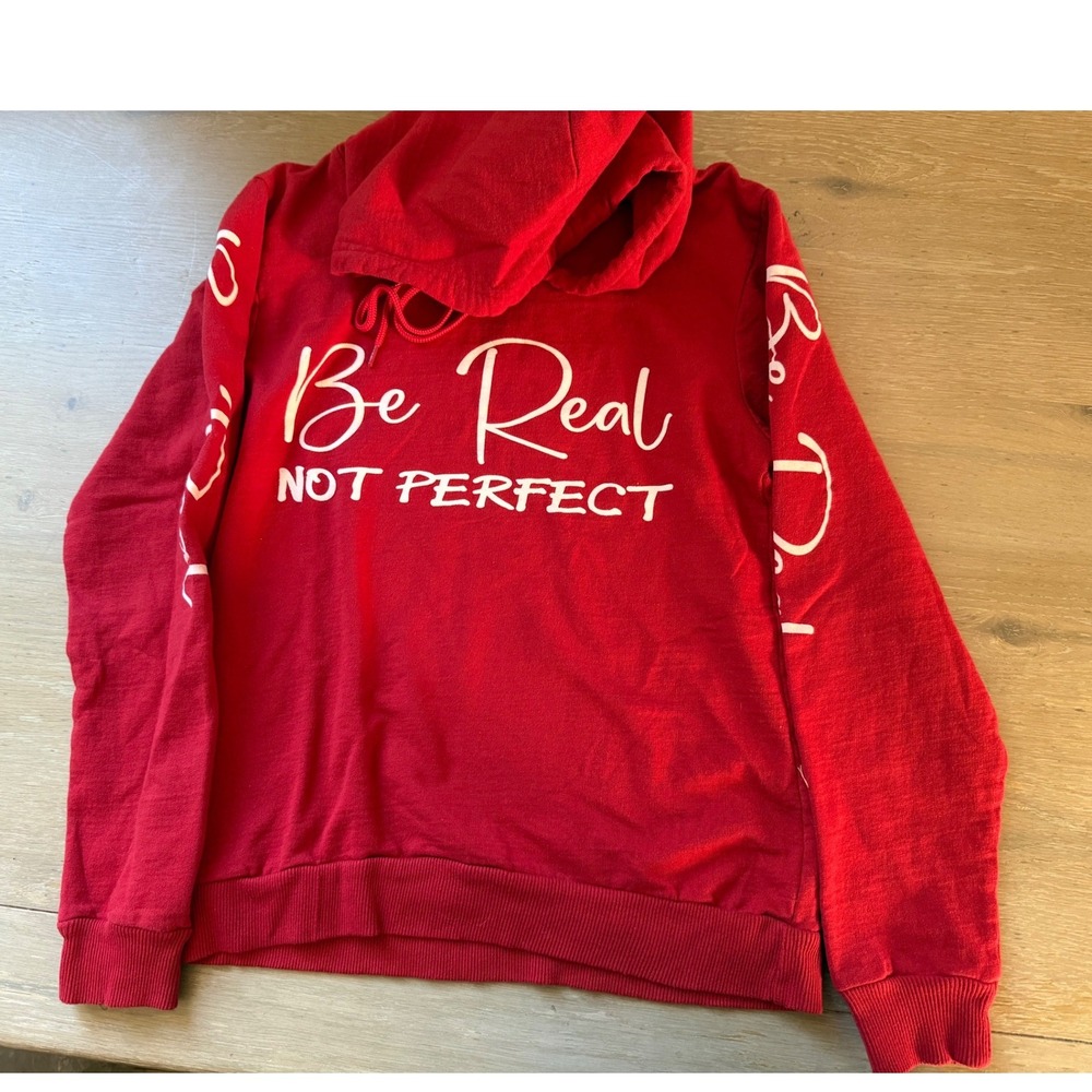 On Fire Mens M Red Be Real Not Perfect Graphic Pullover Hoodie Cotton Fleece